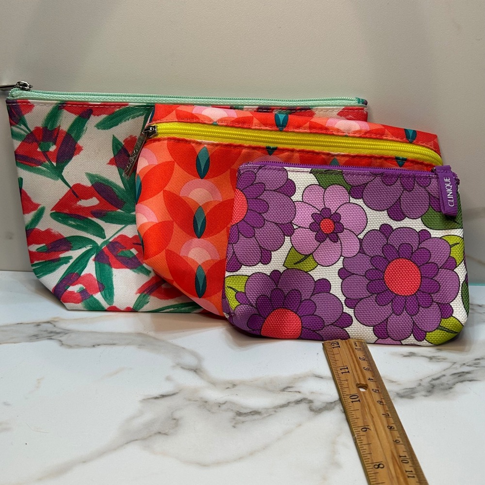 Clinique Cosmetic Bag Set 3pc Drawbertson Floral Lip Print Makeup Travel Pouches